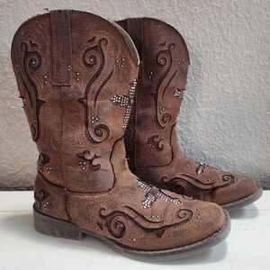 Roper Kids Faith Bling Cross Western‎ Cowboy Cowgirl Brown Boots, Sz 2